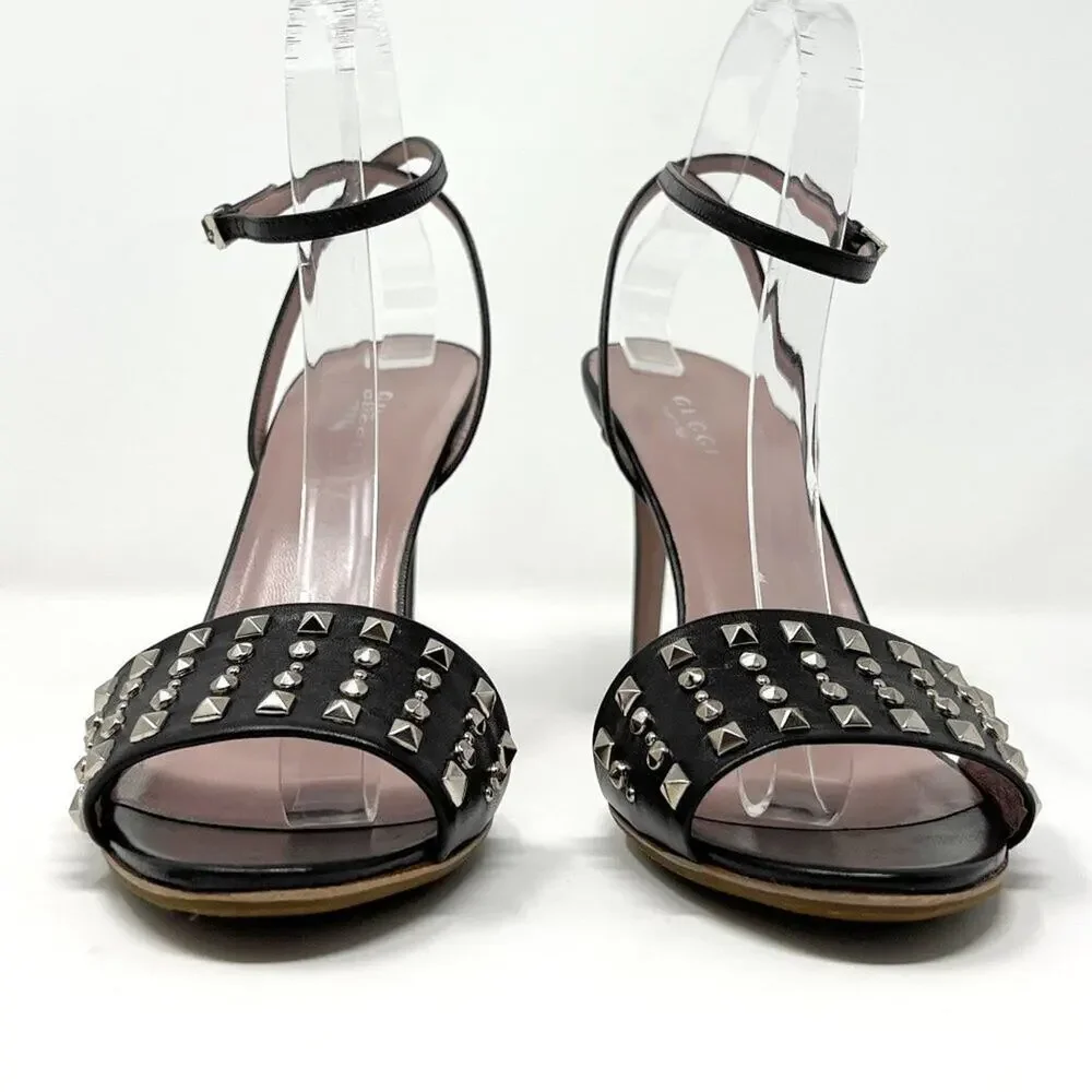 Gucci Sandals Black Leather Studded Ankle Strap Heels EU 39.5 / US 9.5 High Heel